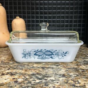 Vintage GlasBake Square Casserole Dish Blue Onion White Milk Glass with lid MCM